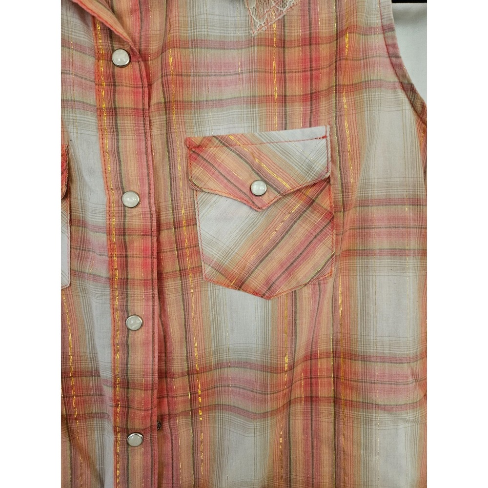 Wrangler Pearl Snap Button Down Plaid Sleeveless Lace Women's Size Med Top - Picture 2 of 8